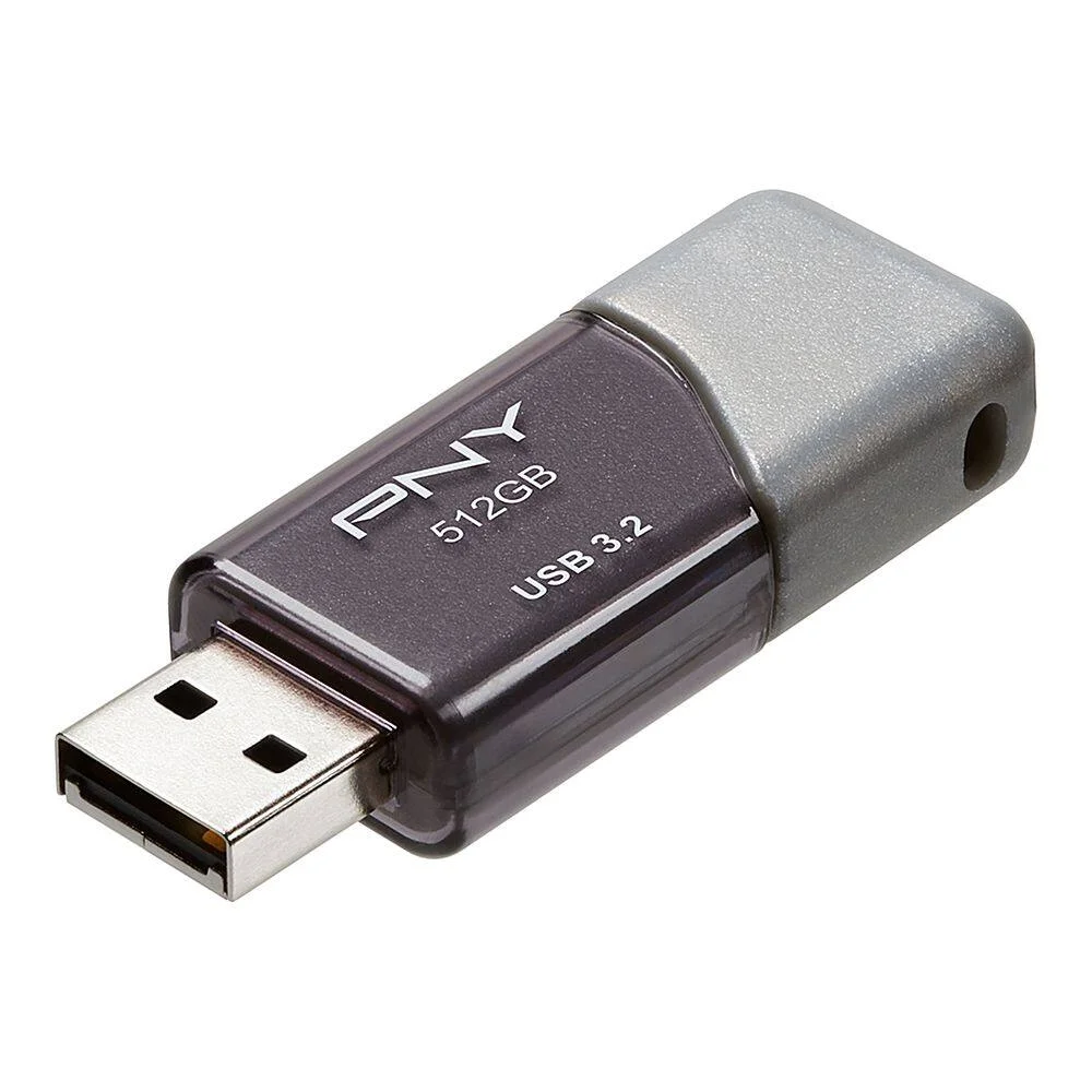 PNY Turbo Attaché 3 flash drive straight-on view showing the dark grey body and silver sliding collar cap