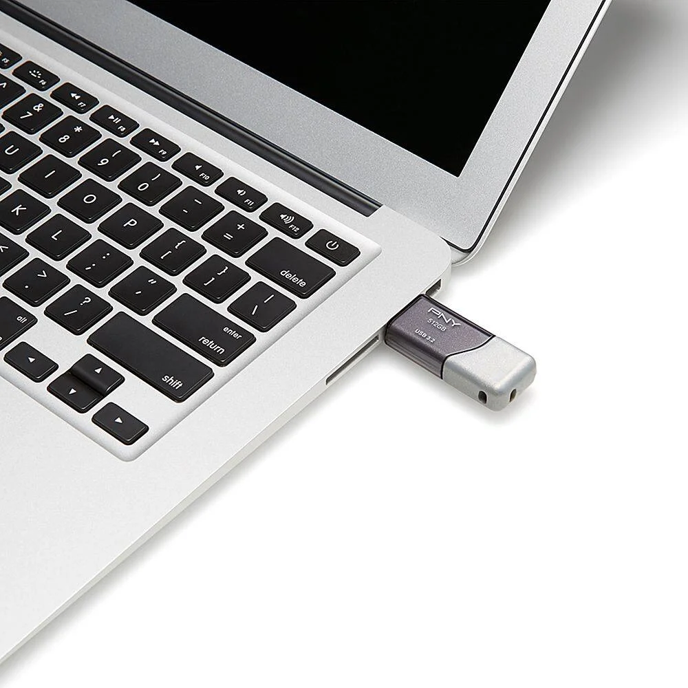 PNY Turbo Attaché 3 flash drive plugged into a laptop's USB-A port