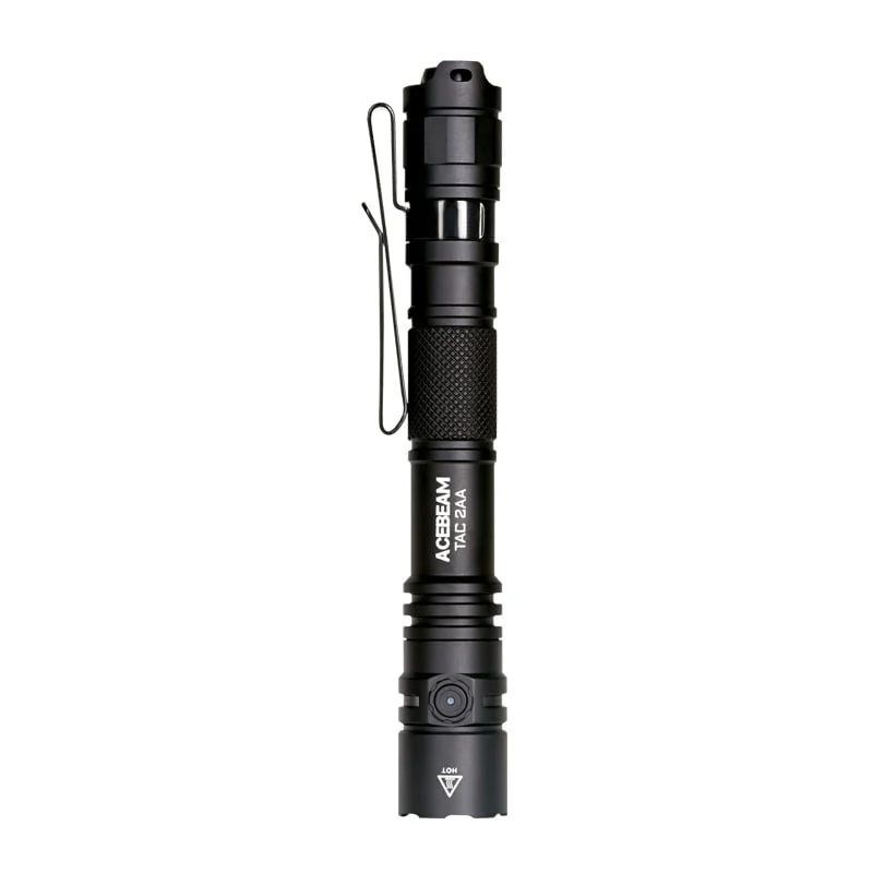 Acebeam TAC 2AA black tactical flashlight, upright front view