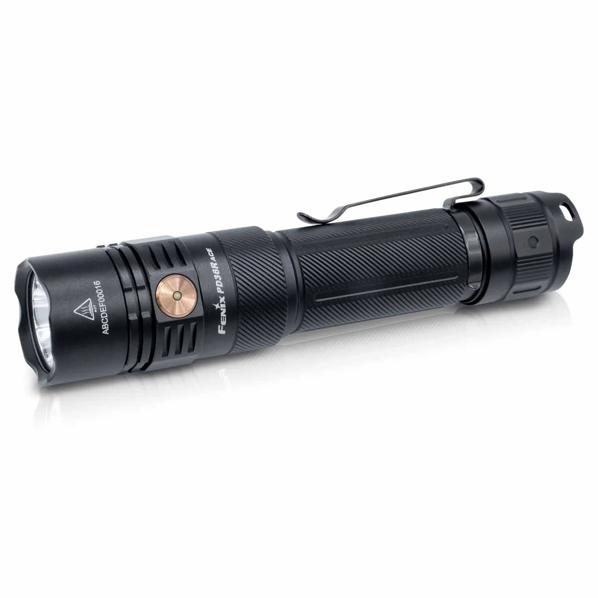 Fenix PD36R ACE flashlight 3/4 diagonal angle showing lens, ACE side button, and pocket clip