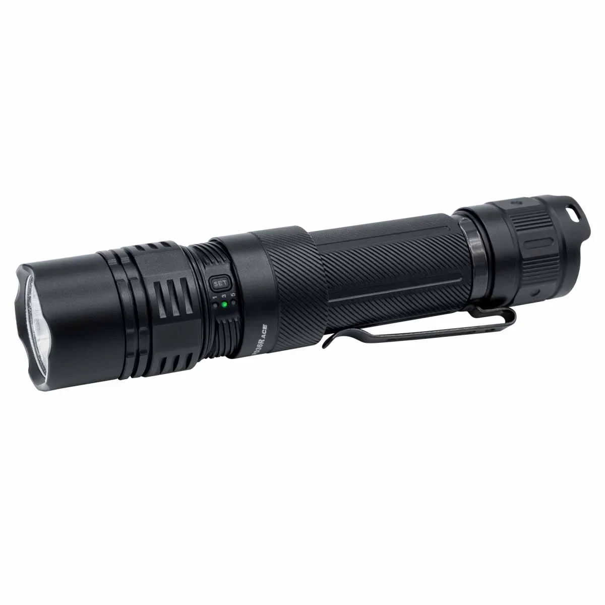 Fenix PD36R ACE flashlight side view highlighting the ACE SET button with green LED mode indicators