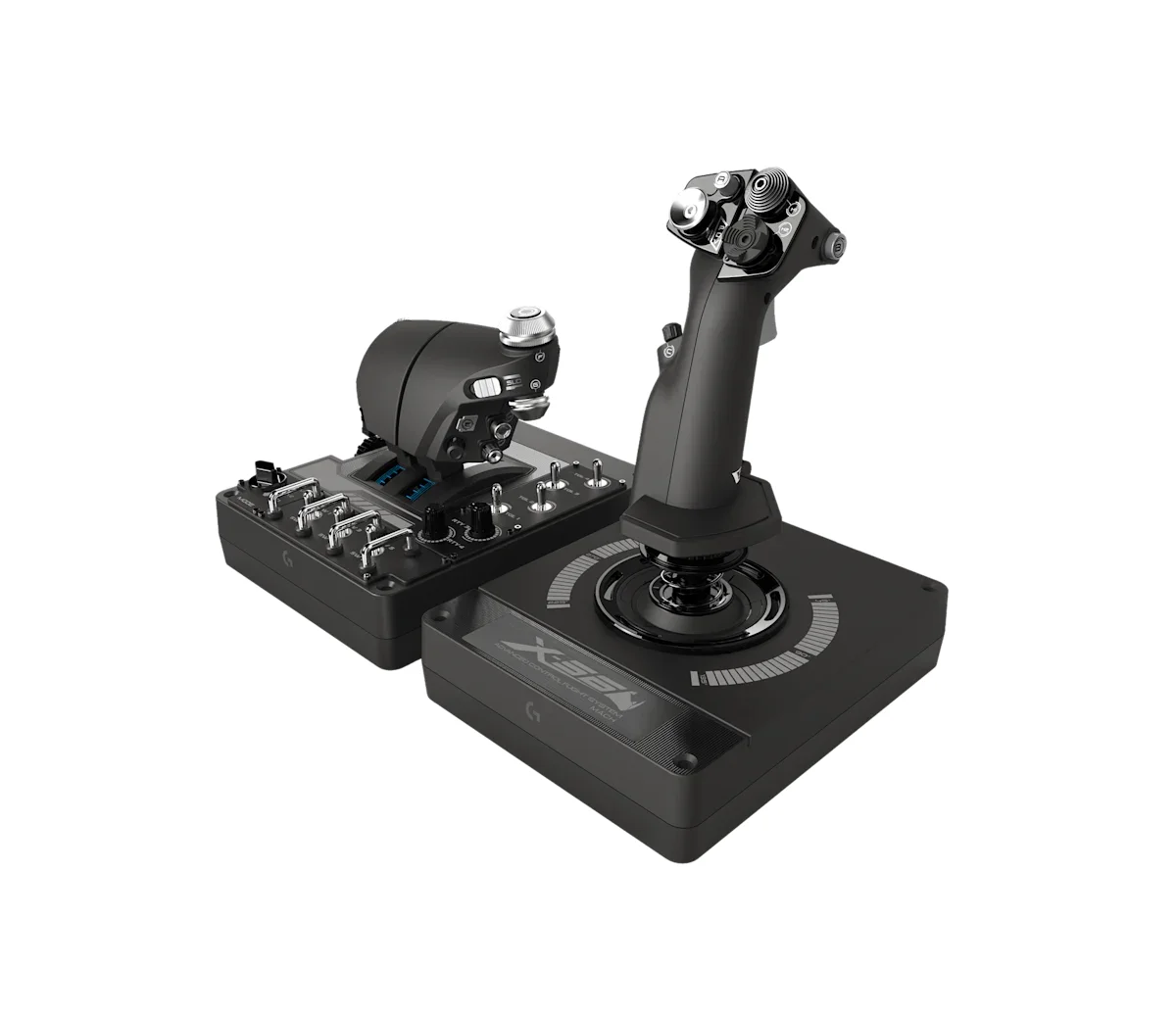 Logitech G X56 HOTAS throttle and joystick set, three-quarter right angle view