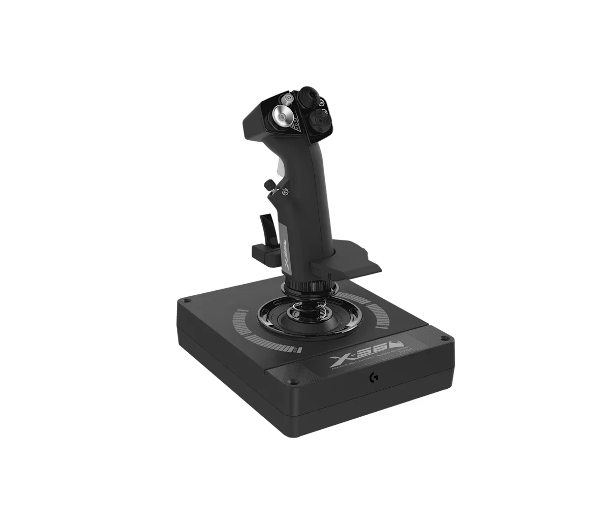 Logitech G X56 HOTAS joystick close-up showing hat switches and trigger