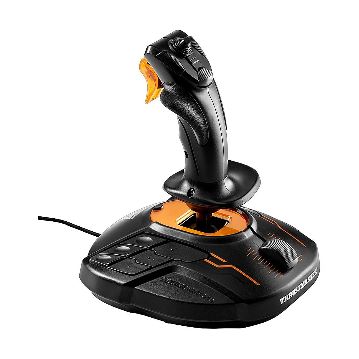Thrustmaster T.16000M FCS joystick 3/4 angle showing base buttons and throttle wheel