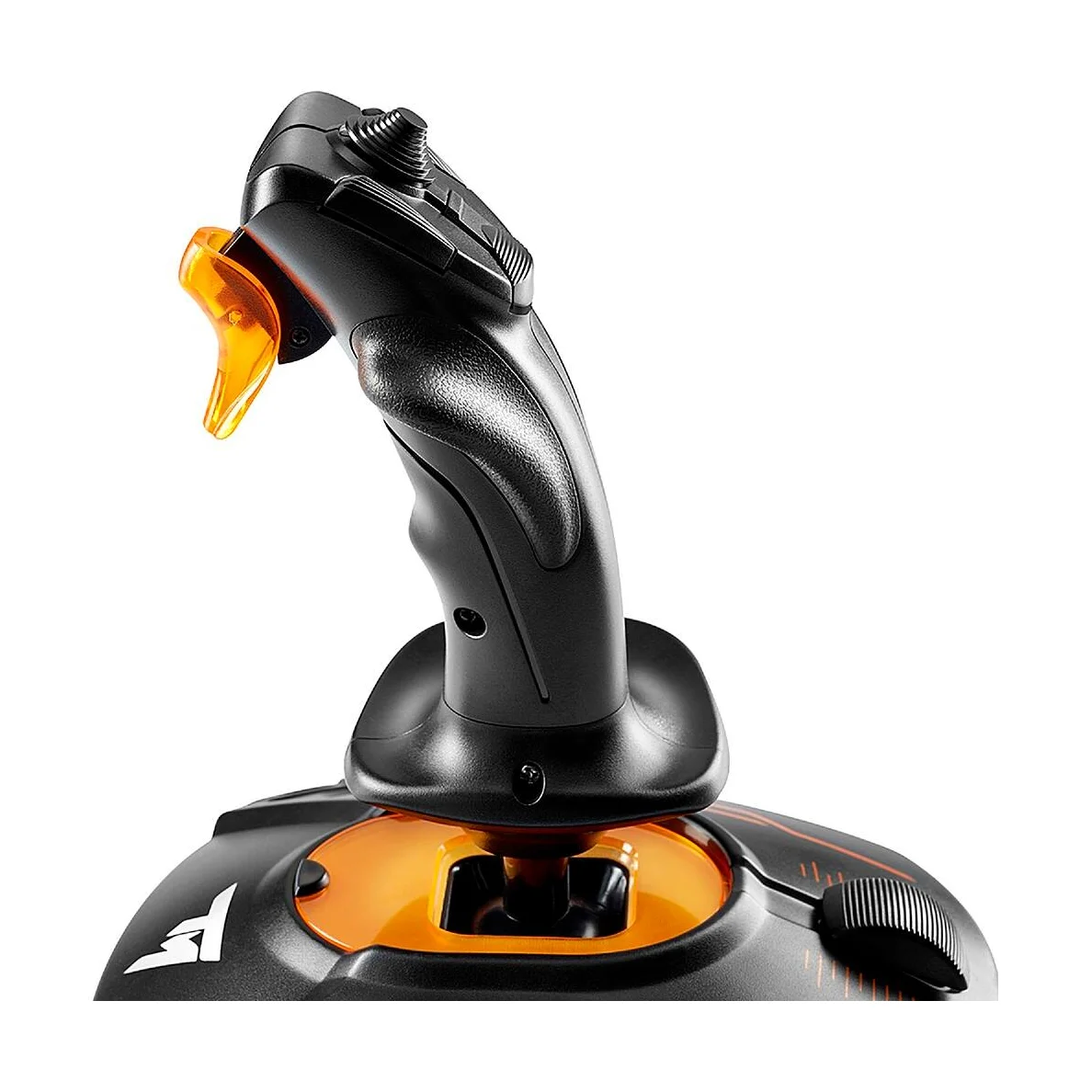 Thrustmaster T.16000M FCS joystick close-up of the ergonomic grip and orange trigger