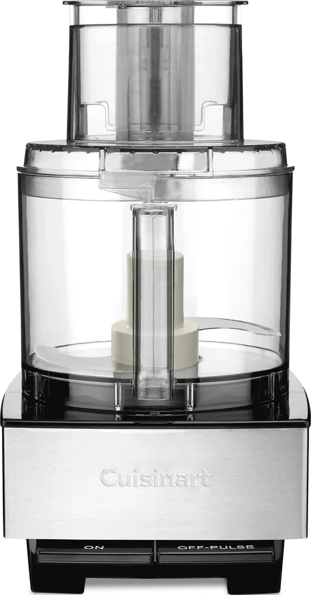 Cuisinart Custom 14-Cup Food Processor front view showing the clear work bowl, feed tube, and brushed stainless base