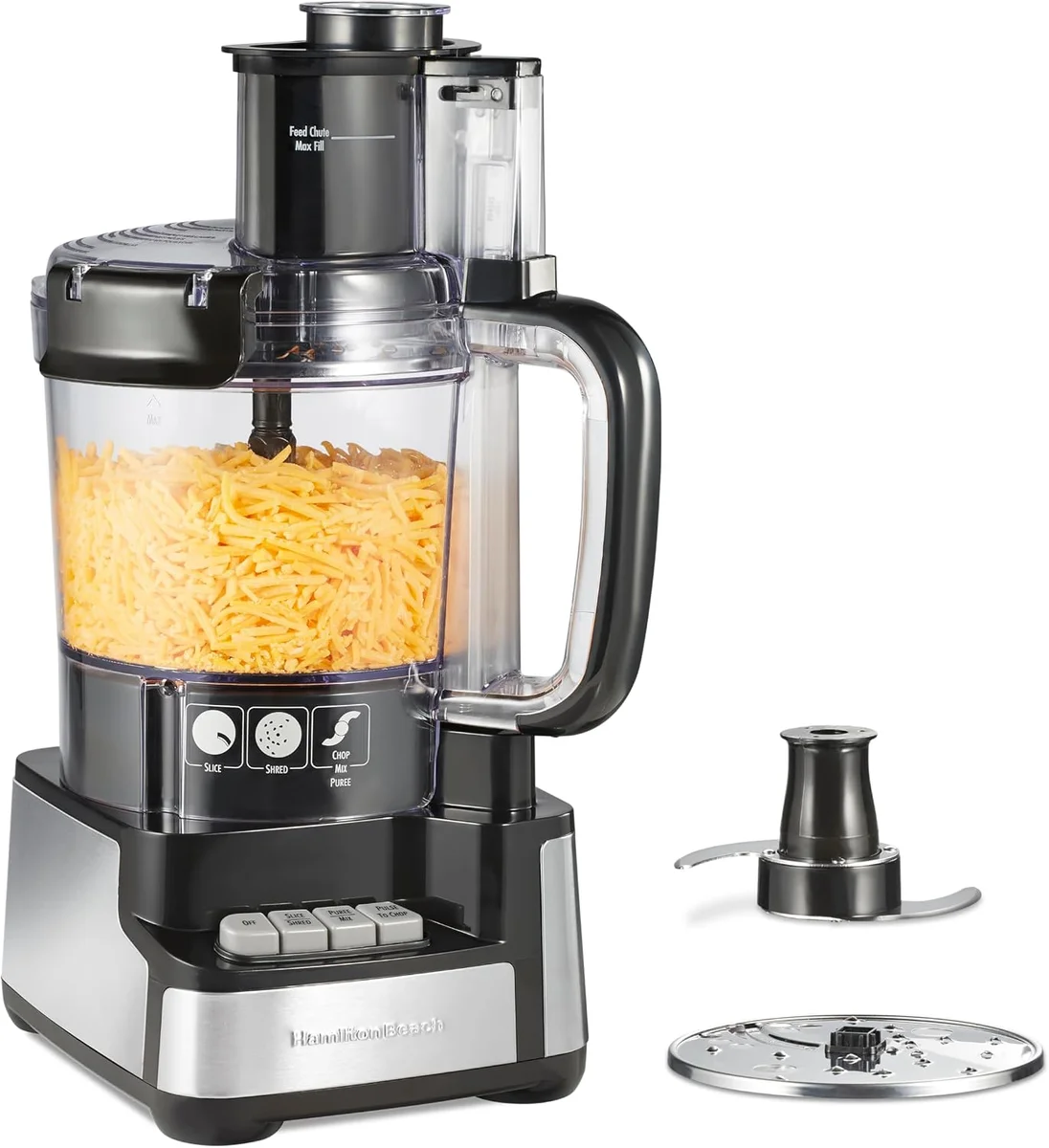 Hamilton Beach Stack & Snap 12-Cup Food Processor disassembled showing bowl with shredded cheese, feed chute, blade, and slicing/shredding disc
