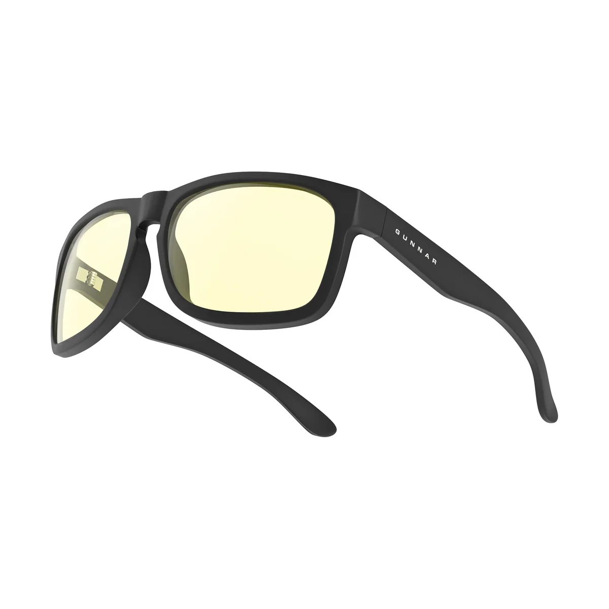 Gunnar Optiks Intercept gaming glasses, matte black frame with amber lenses, three-quarter rear view