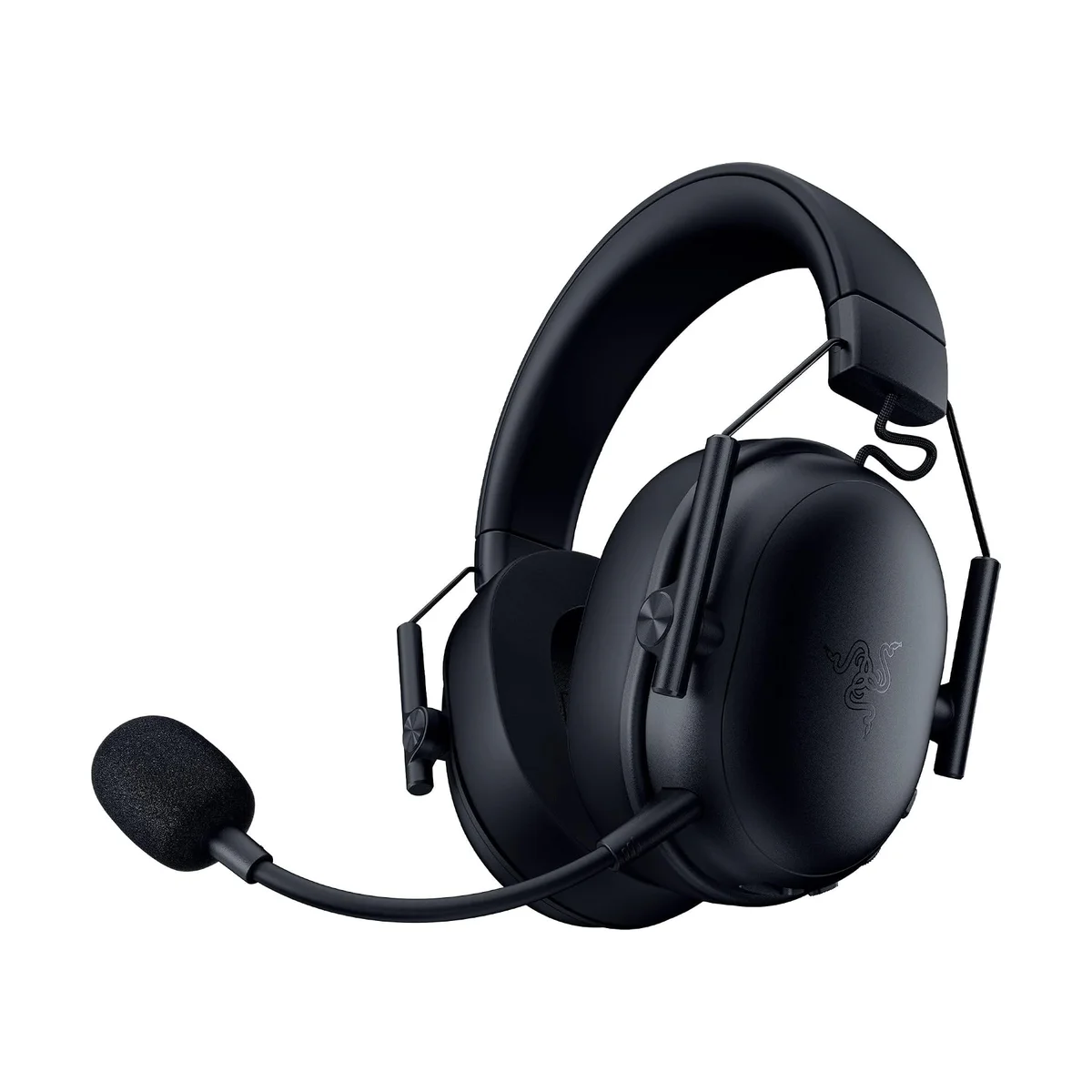 Razer BlackShark V3 X HyperSpeed wireless gaming headset in black, three-quarter view with the detachable HyperClear cardioid mic attached
