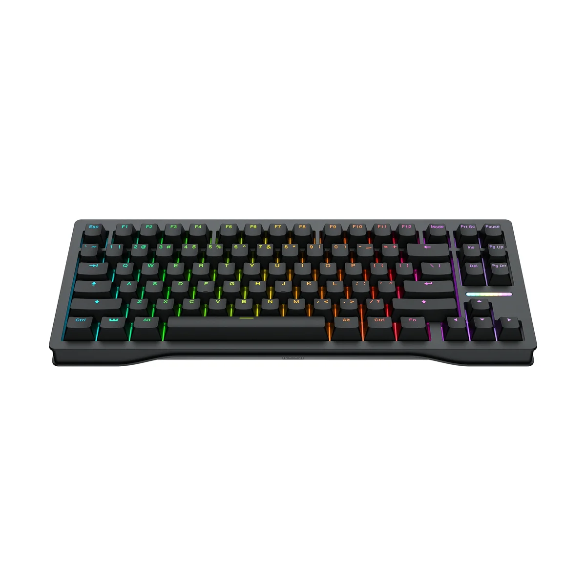 Wooting 80HE in black with per-key RGB lighting and LED status bar, front three-quarter view