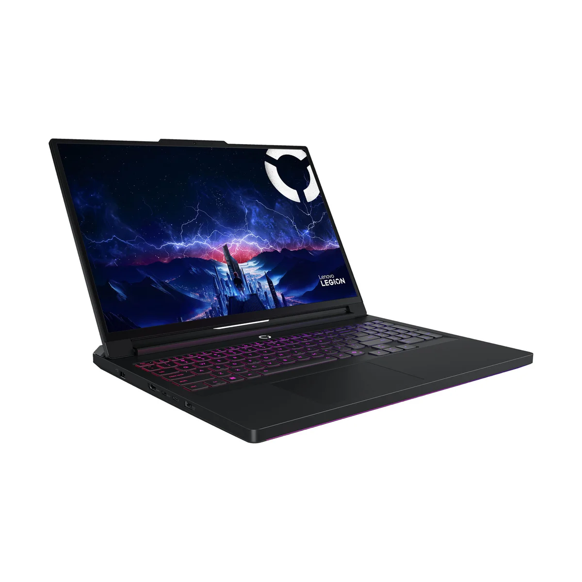 Lenovo Legion Pro 7i Gen 10 three-quarter left-side angle showing left-side port cluster and RGB keyboard