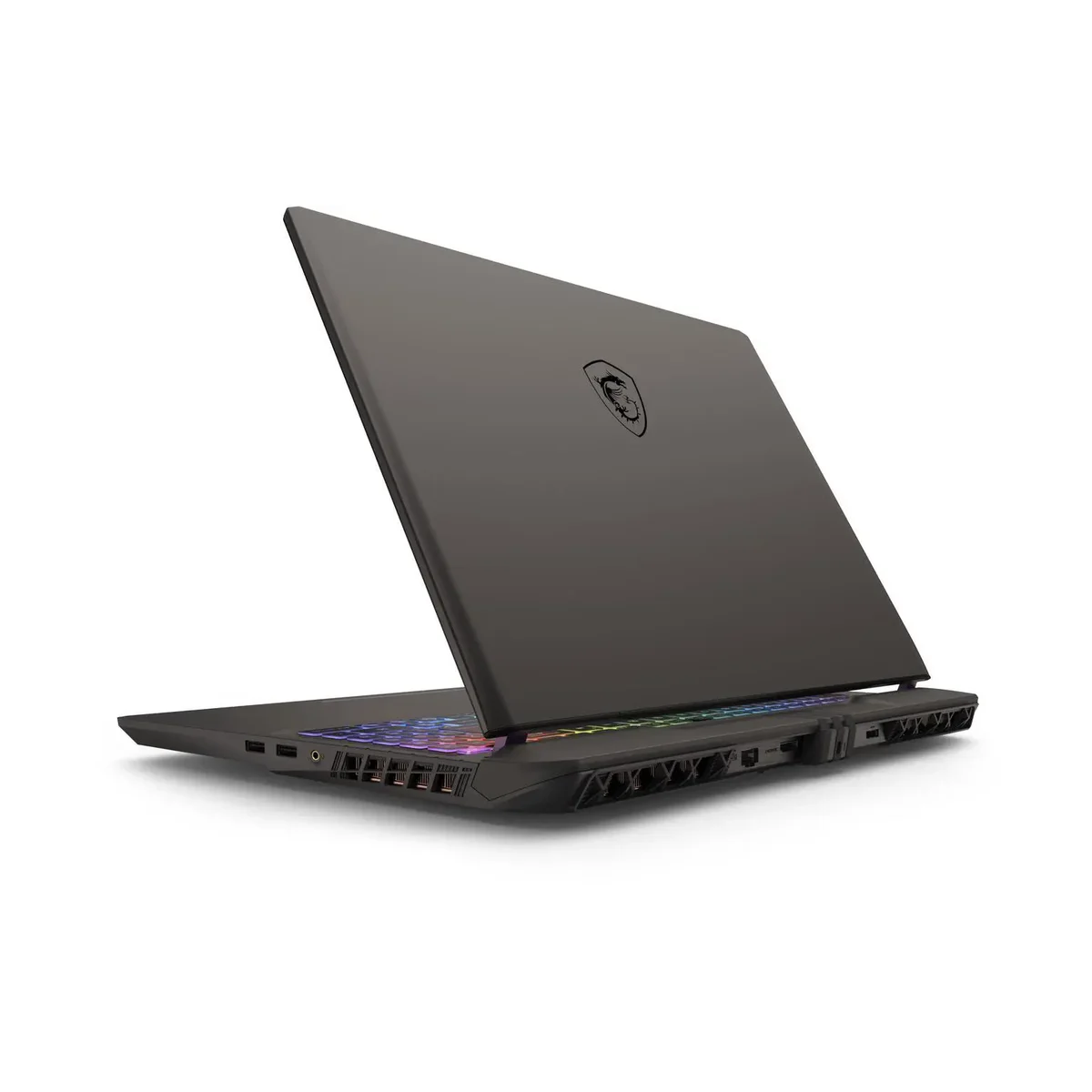 MSI Vector 16 HX AI rear three-quarter view showing back port layout including HDMI 2.1, Thunderbolt 5, and exhaust vents