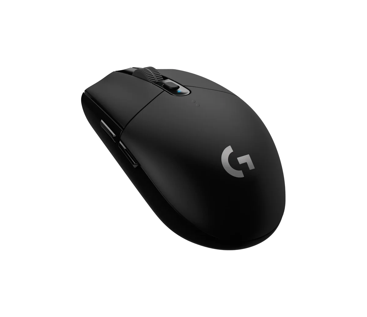 Logitech G305 Lightspeed wireless gaming mouse in black, three-quarter view from above and behind on a white background, showing the scroll wheel, DPI button and two left side buttons