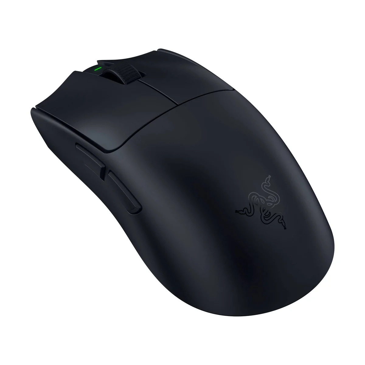 Razer Viper V4 Pro wireless gaming mouse in black, three-quarter top view showing the Razer snake logo, left-side buttons and scroll wheel