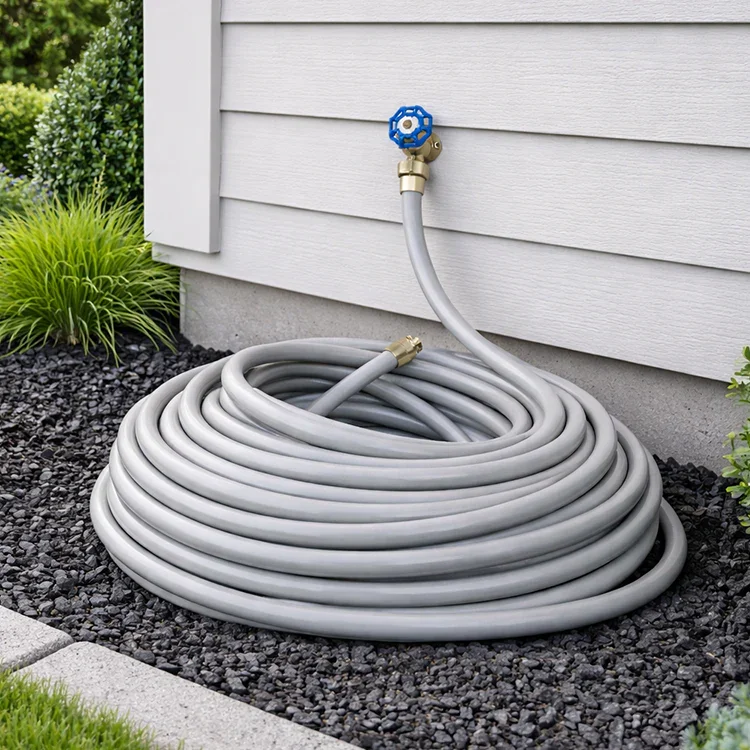 Eley Polyurethane Garden Hose coiled on a garden bed connected to an outdoor spigot
