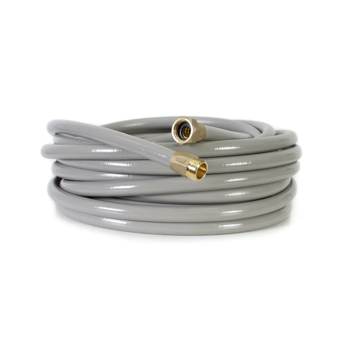 Eley Polyurethane Garden Hose 50ft coiled with both brass fittings visible on white background