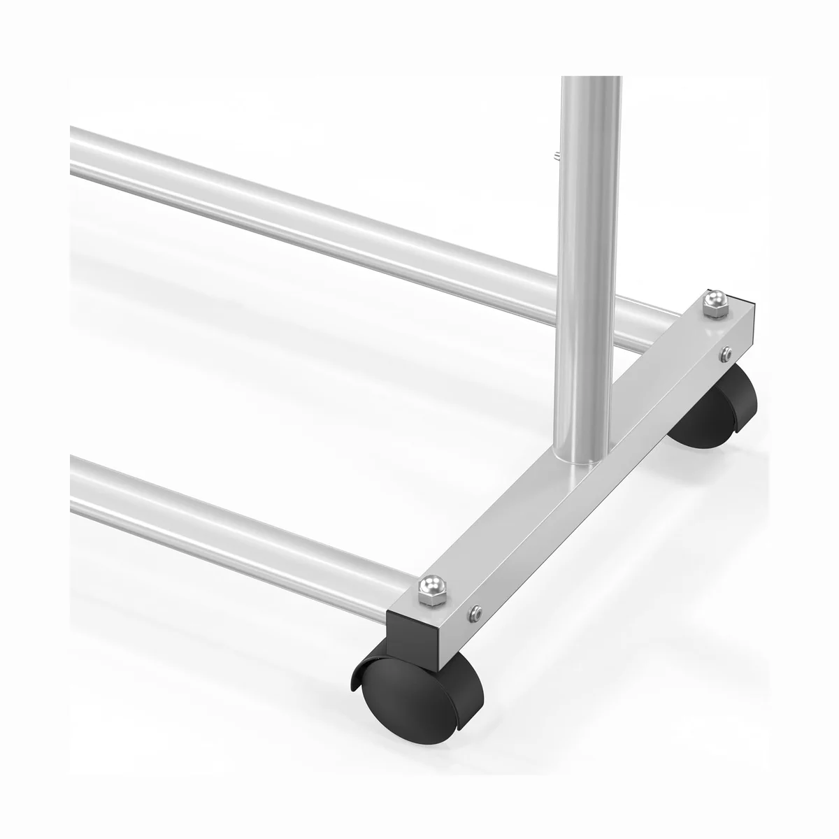 Close-up of the Simple Houseware Standard Rod Garment Rack base showing the twin lower rails, bolted crossbar and black caster wheels