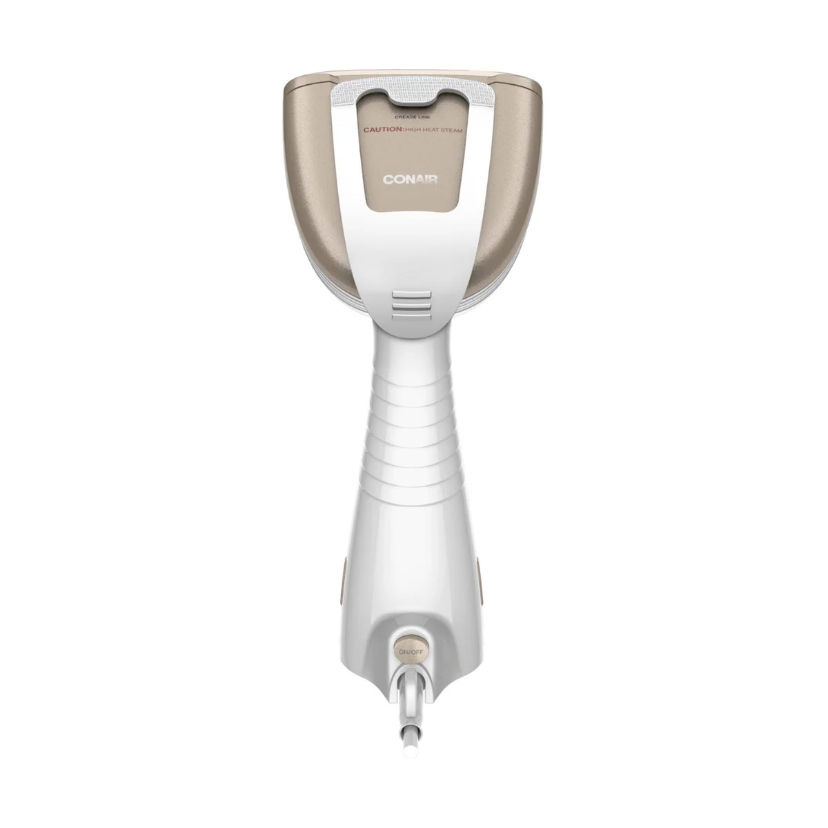 Conair Turbo ExtremeSteam GS59X steam head close-up showing dual-slotted ceramic soleplate and steam settings controls