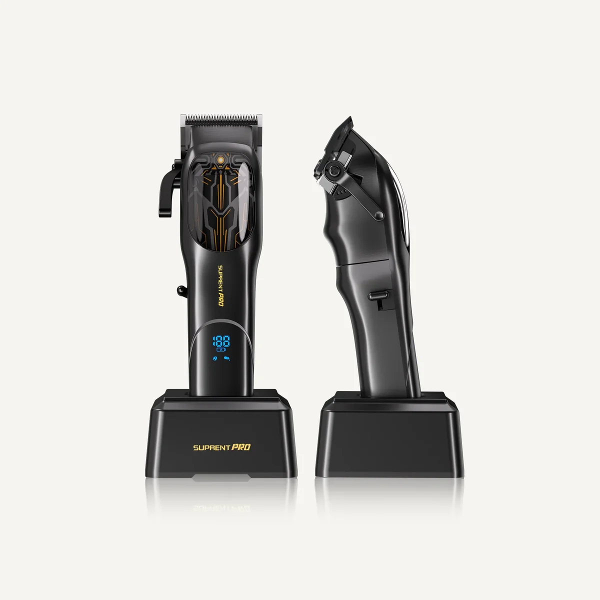 Suprent Pro Mecha clipper front and side view showing two charging dock angles