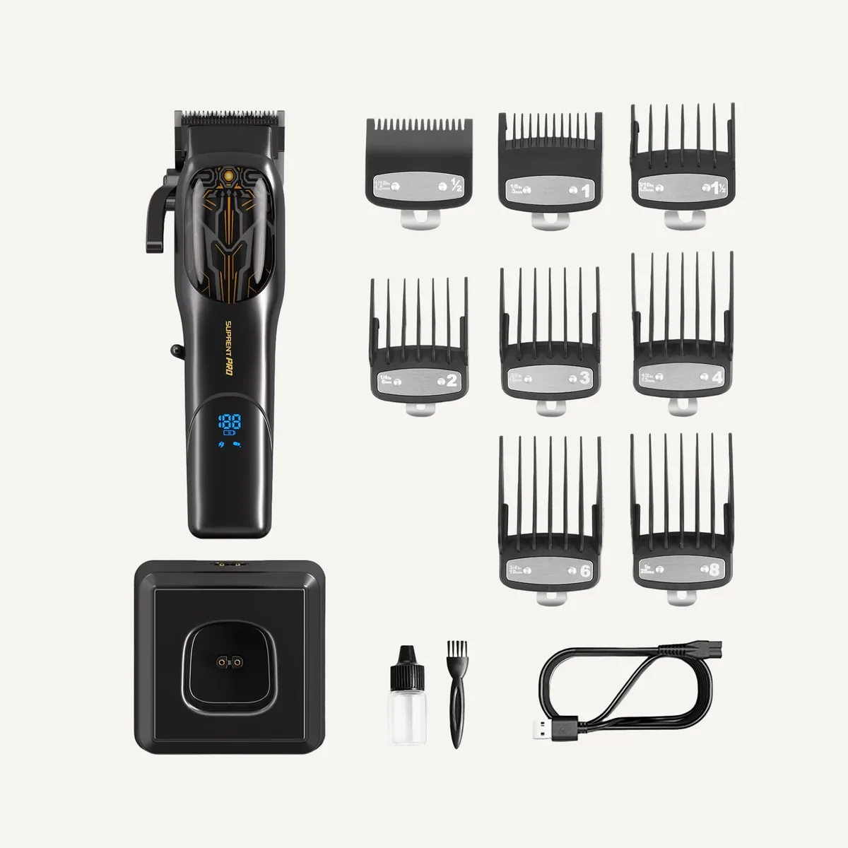 Suprent Pro Mecha full kit showing clipper, 8 guards, charging dock, oil, and cable