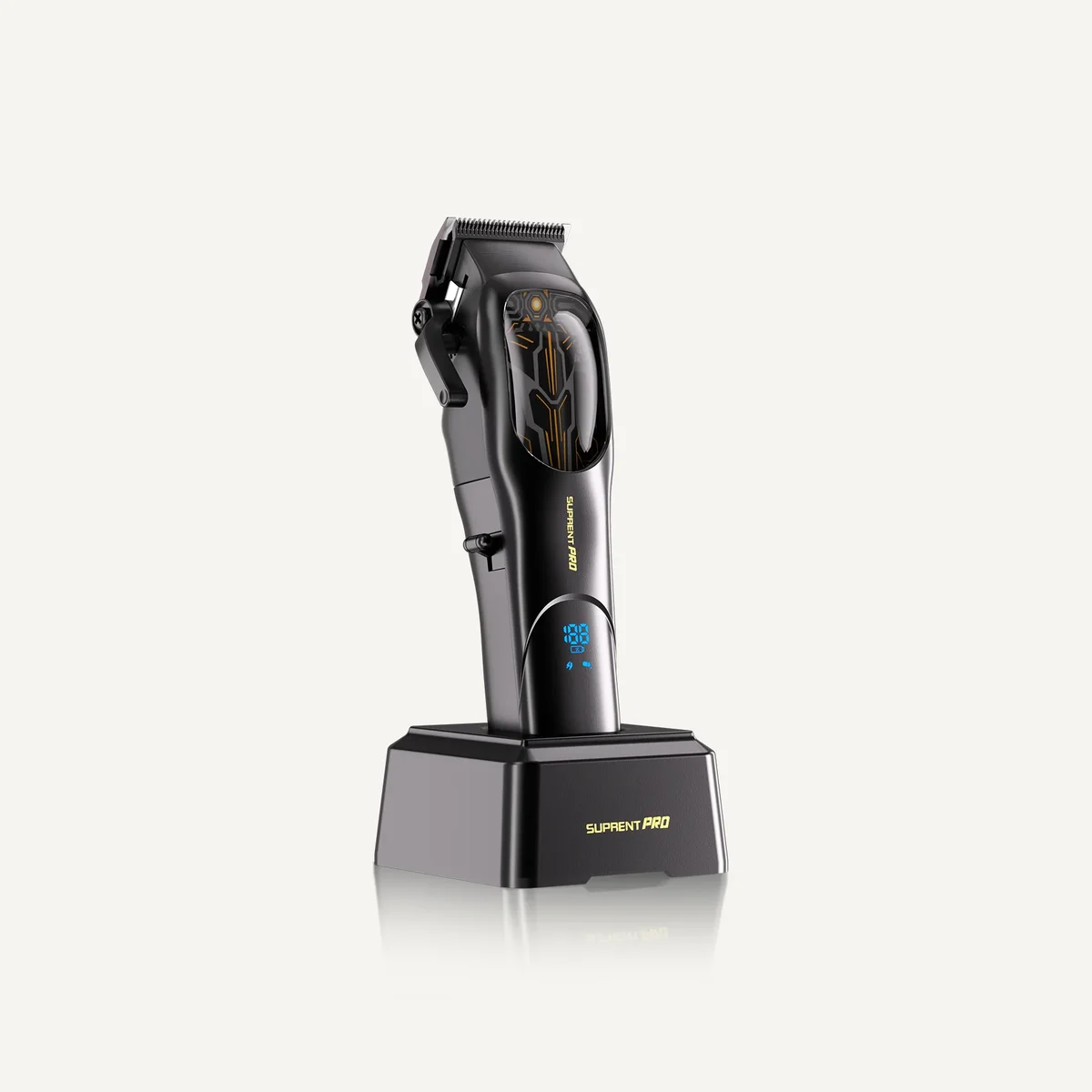 Suprent Pro Mecha Professional Clipper on charging dock, 3/4 angle view
