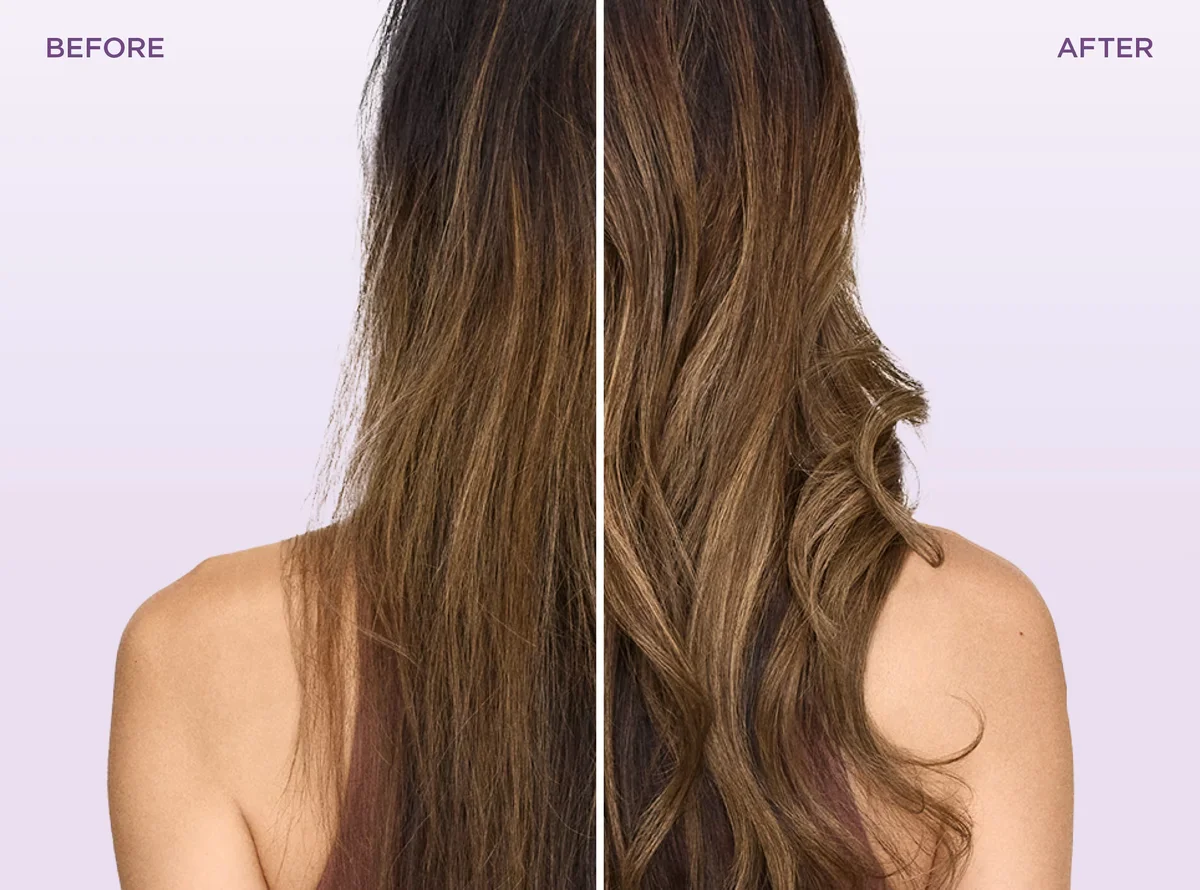 Before and after comparison showing hair styled with Shark FlexStyle: straight to voluminous wavy curls