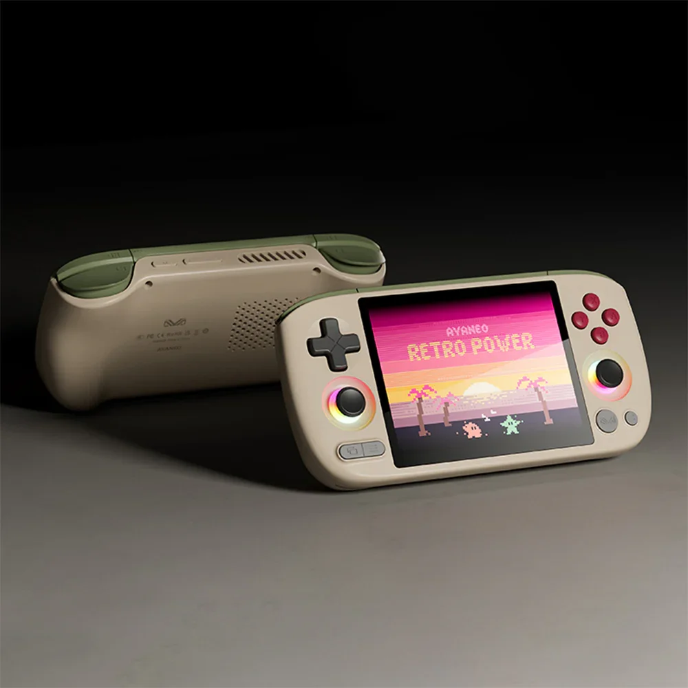 AYANEO Pocket Air Mini front and rear view in Retro Power colorway with retro pixel game displayed on 4:3 screen