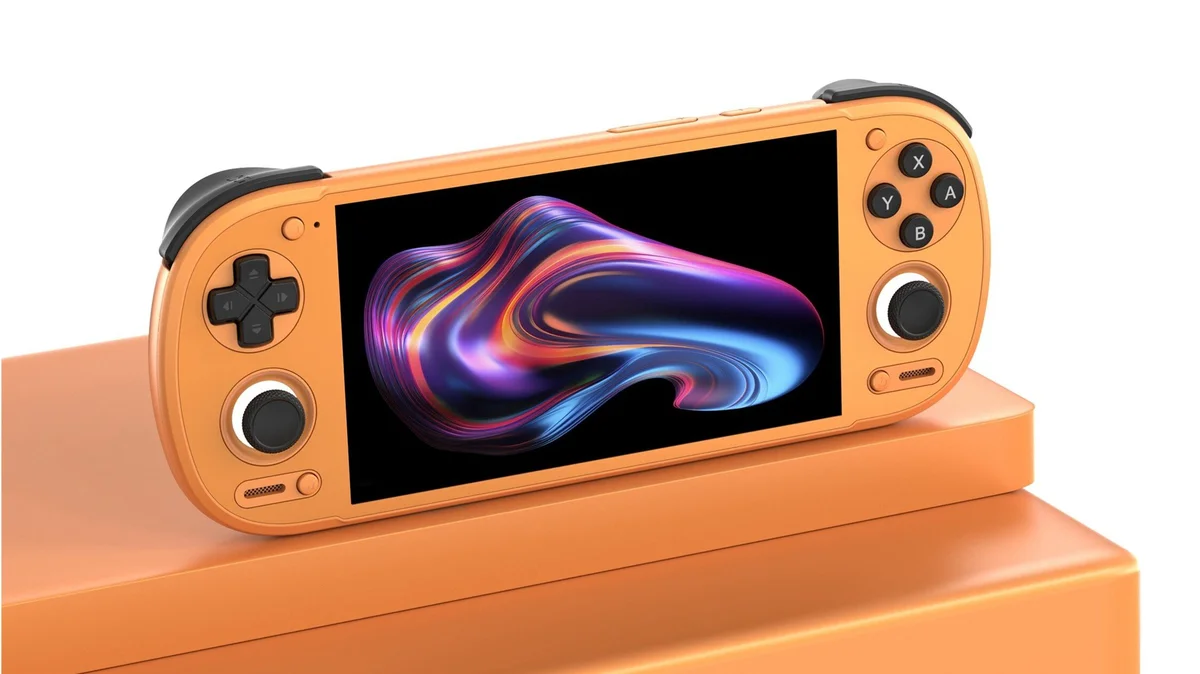 Retroid Pocket 6 orange variant angled front view showing AMOLED display and Hall stick layout