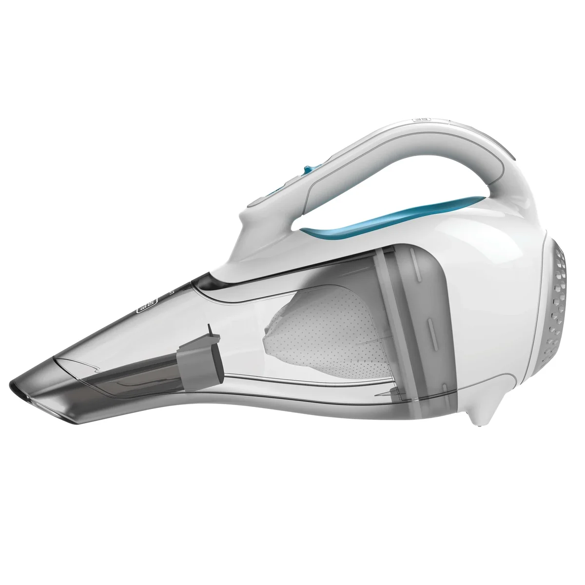 Black+Decker Dustbuster AdvancedClean HHVI315JO42 side-profile view showing translucent dirt bowl and wide nozzle on white background