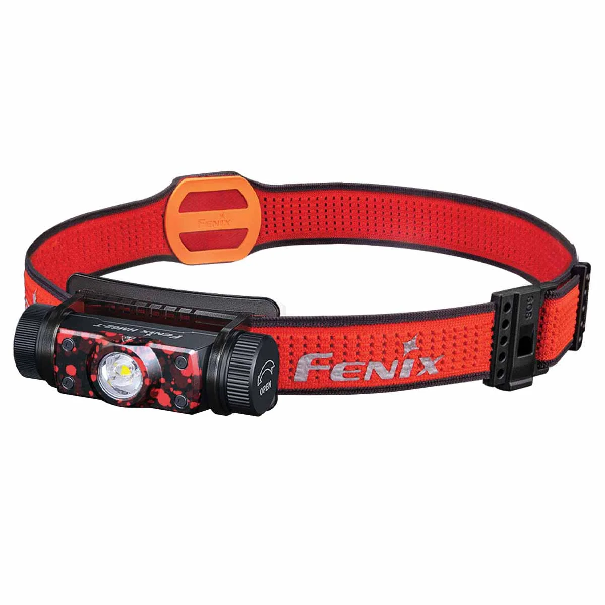 Fenix HM62T headlamp in the Magma red-and-black color option, angled product shot