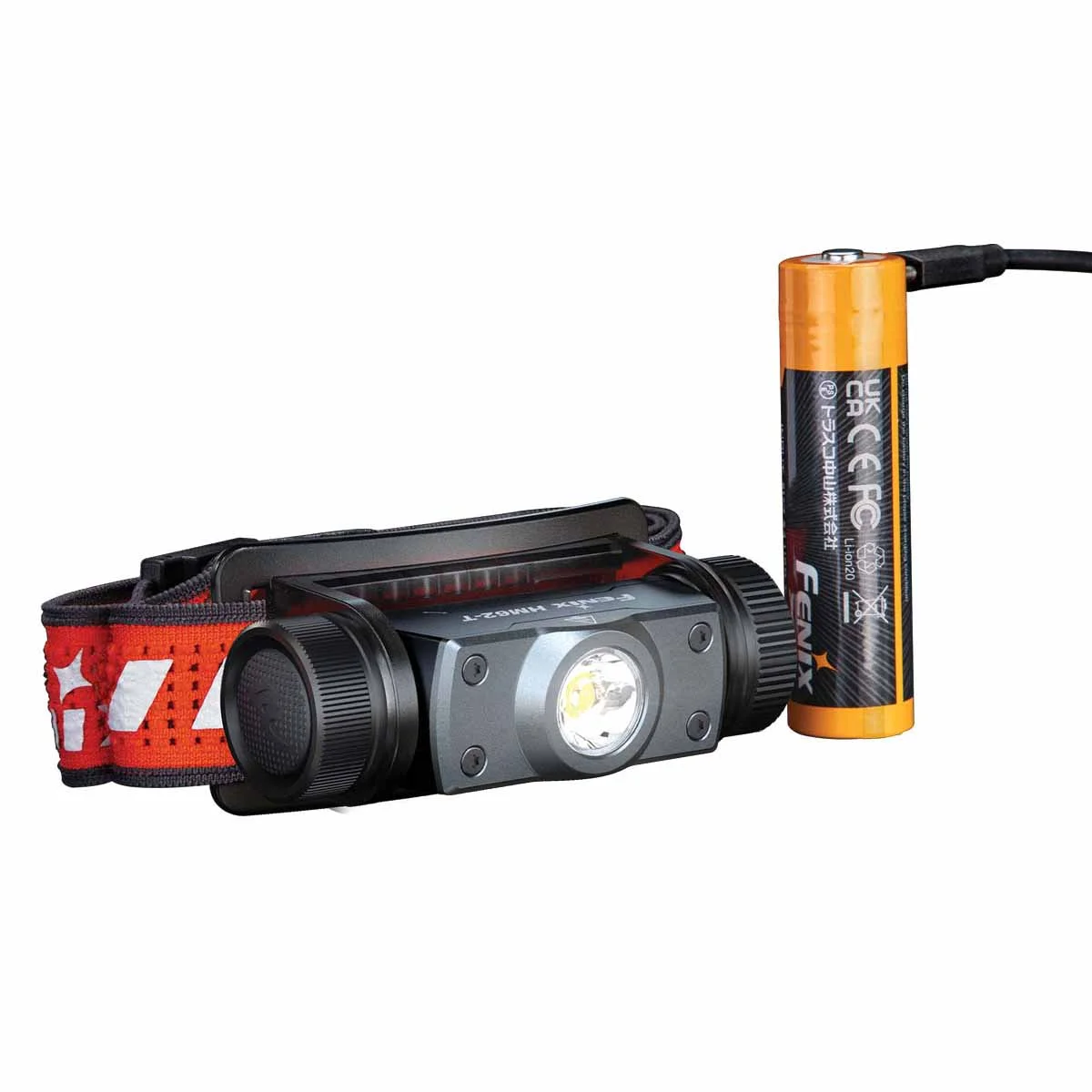 Fenix HM62T headlamp shown with its included ARB-L18-3400U rechargeable 18650 battery