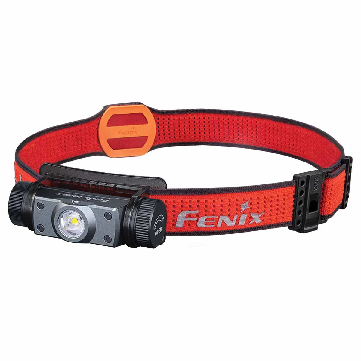Fenix HM62T headlamp in black, angled product shot showing the LED lens, BOA rotary dial, and stretched headband