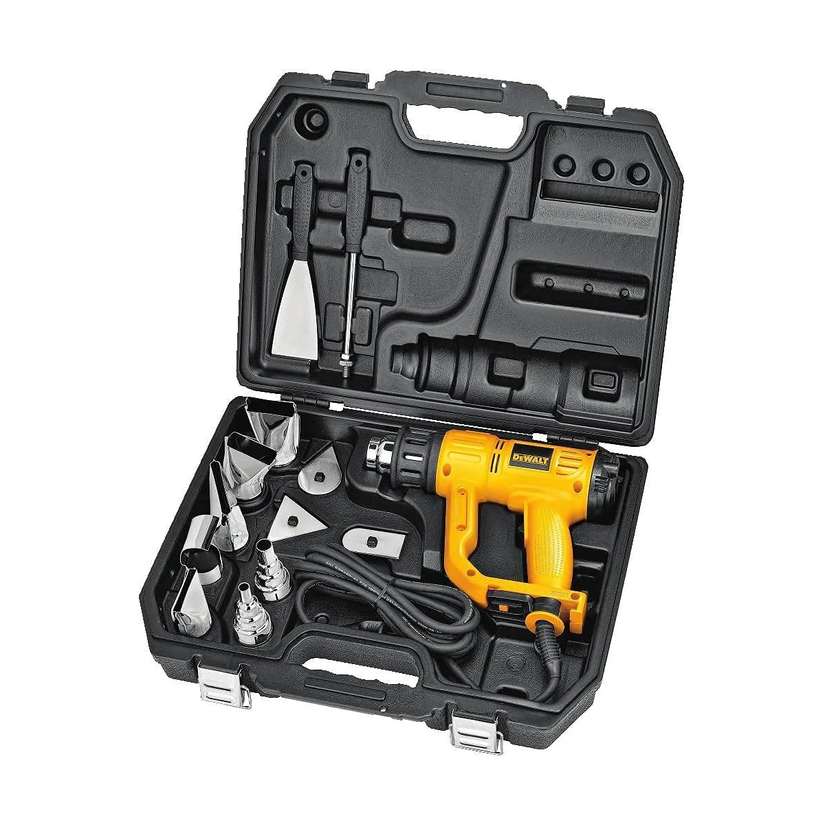 DeWalt D26960K heat gun packed in its open hard carrying case showing all included accessories