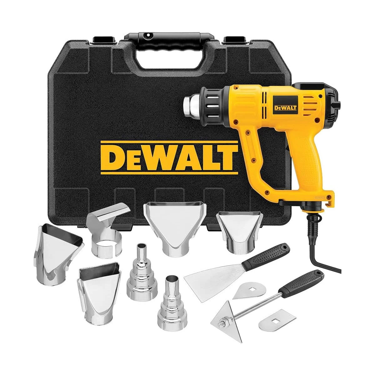 DeWalt D26960K heat gun kit with hard case and full set of nozzles, scrapers, and reflectors on a white background