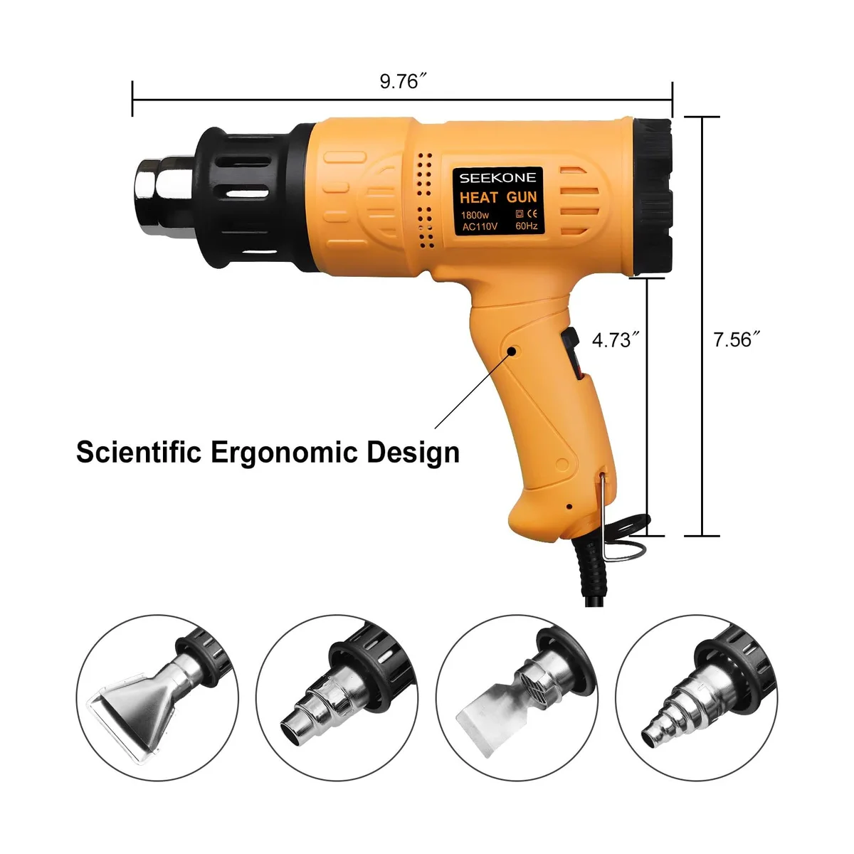 SEEKONE 1800W heat gun shown with its ergonomic grip and the four included nozzle attachments