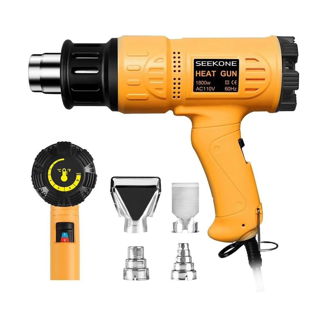 SEEKONE 1800W heat gun model SDL-2816 in yellow with variable temperature dial and four stainless steel nozzles on a white background
