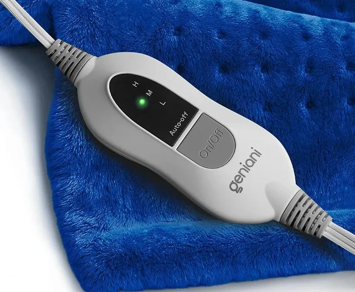 GENIANI heating pad controller close-up showing H, M, L heat settings and On/Off button