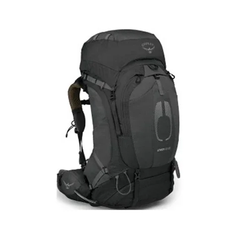 Osprey Atmos AG 65 backpack three-quarter angle view with hip belt and shoulder straps