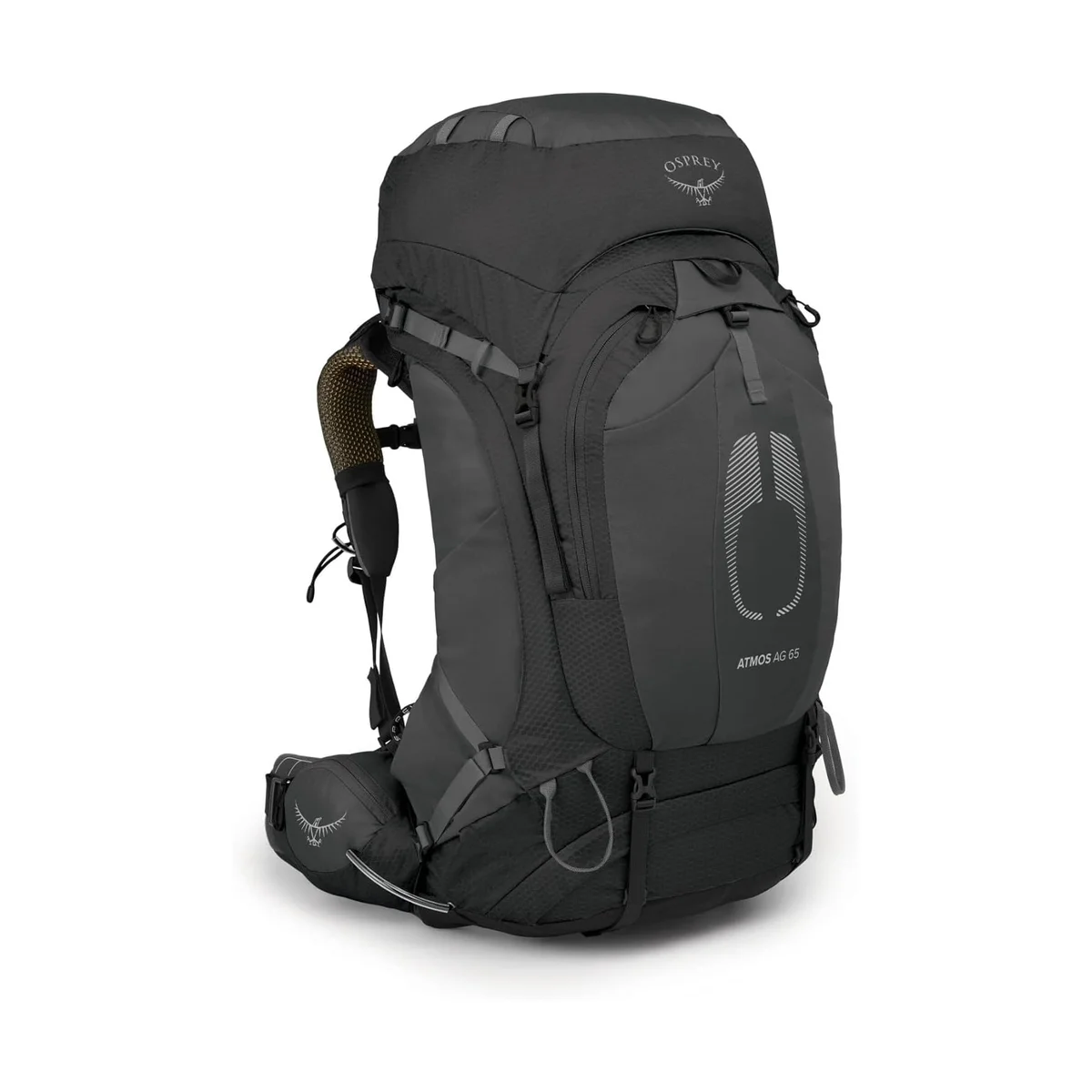 Osprey Atmos AG 65 side-angle view showing J-zip side access, compression straps, and hip belt pocket