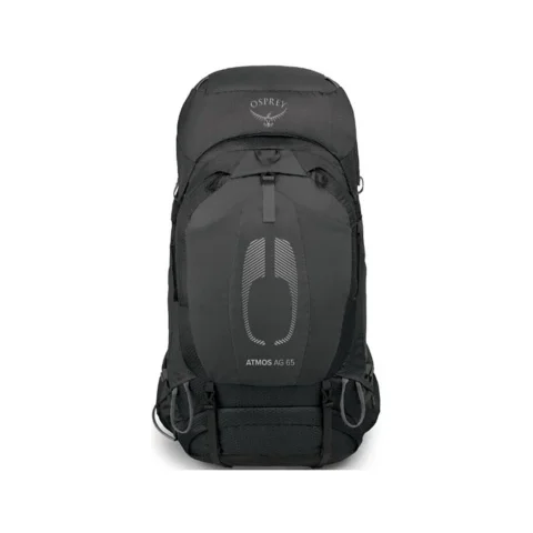 Osprey Atmos AG 65 backpack straight-on front view showing ATMOS AG 65 branding and main panel