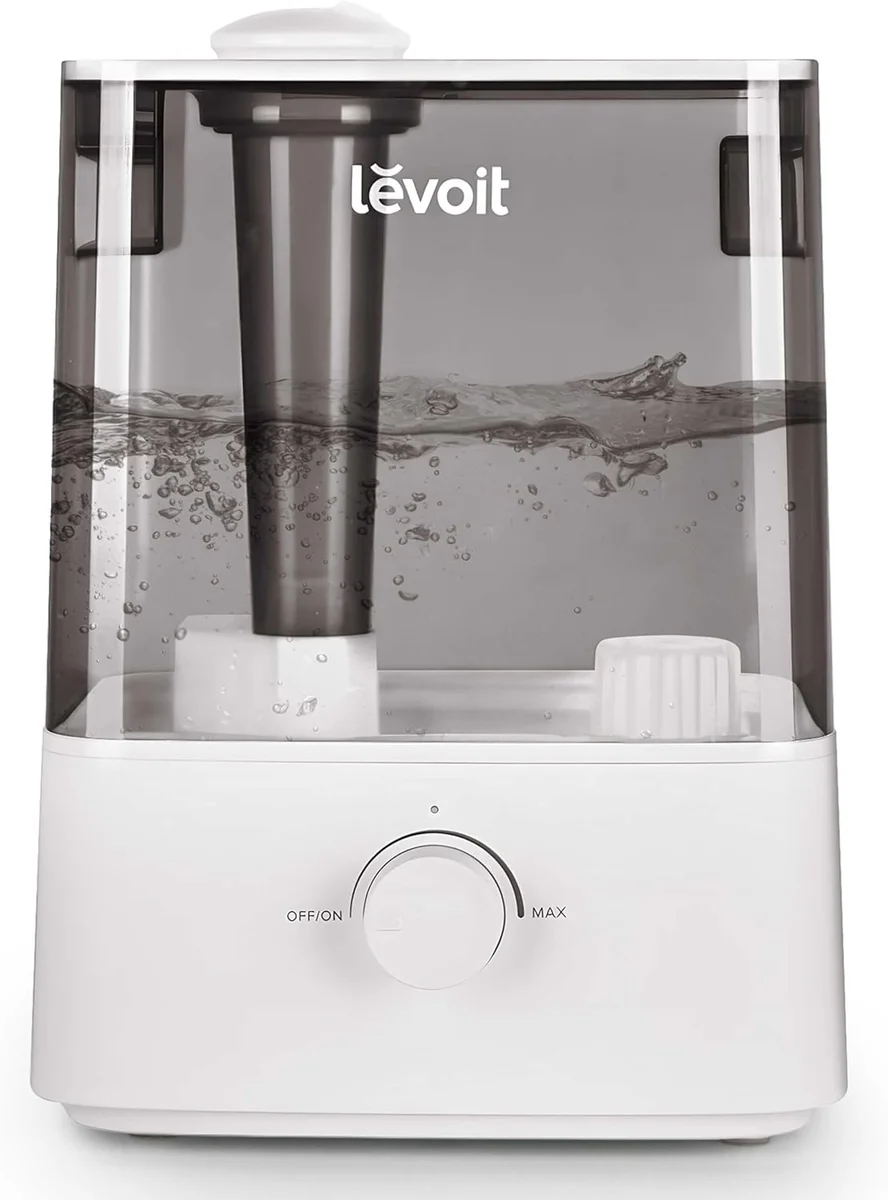 Levoit Classic 300S humidifier front view showing the clear top-fill water tank and control dial