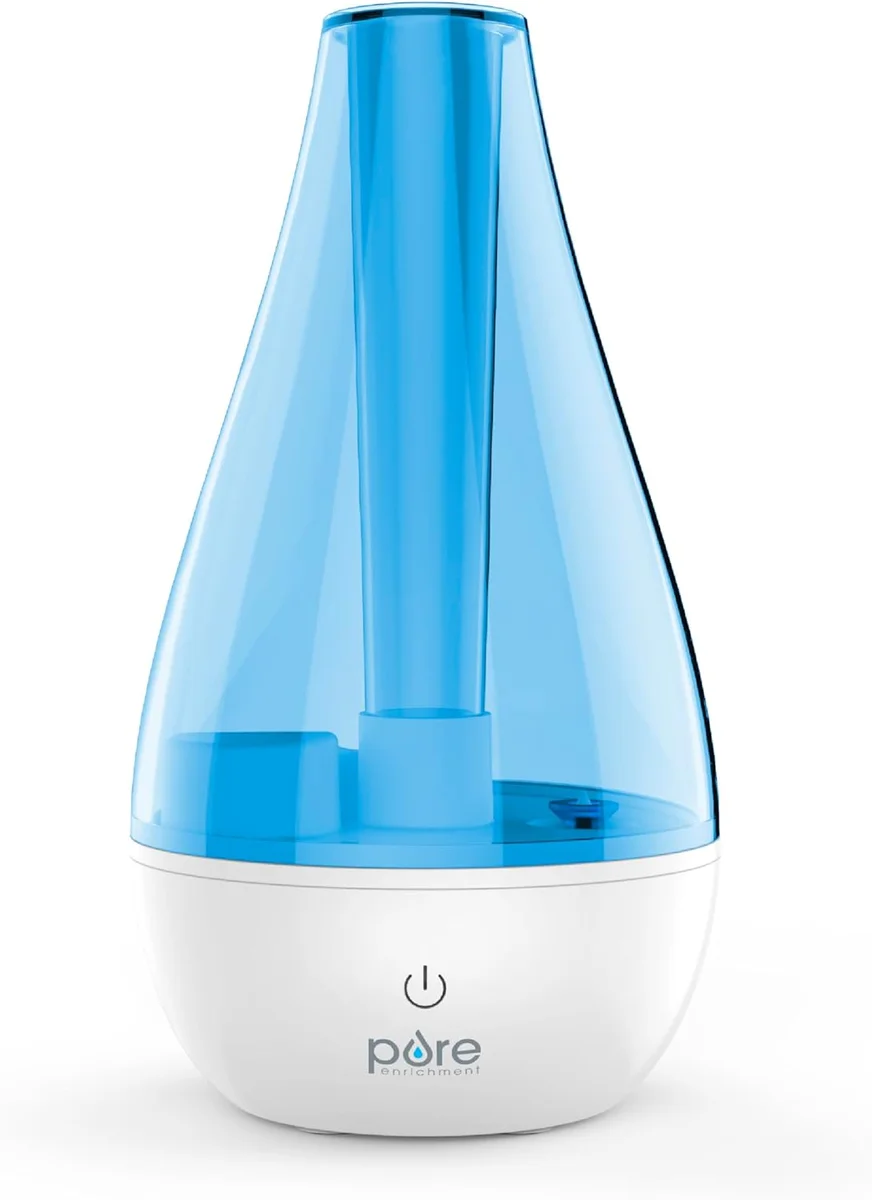 Pure Enrichment MistAire humidifier side profile view of the tapered blue water tank and Pure Enrichment logo on the base