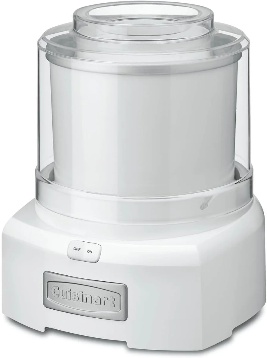Cuisinart ICE-21P1 ice cream maker shown at a 3/4 angle highlighting the clear mixing bowl and on/off switch