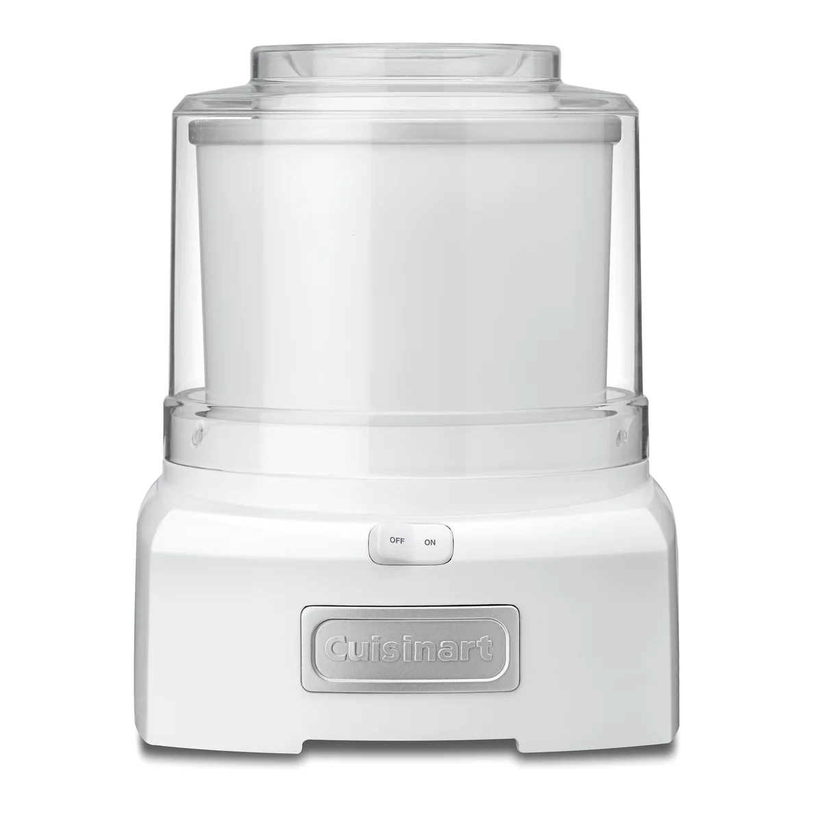 Cuisinart ICE-21P1 ice cream maker front view on white background showing the clear lid and mixing bowl atop the white base with Cuisinart badge