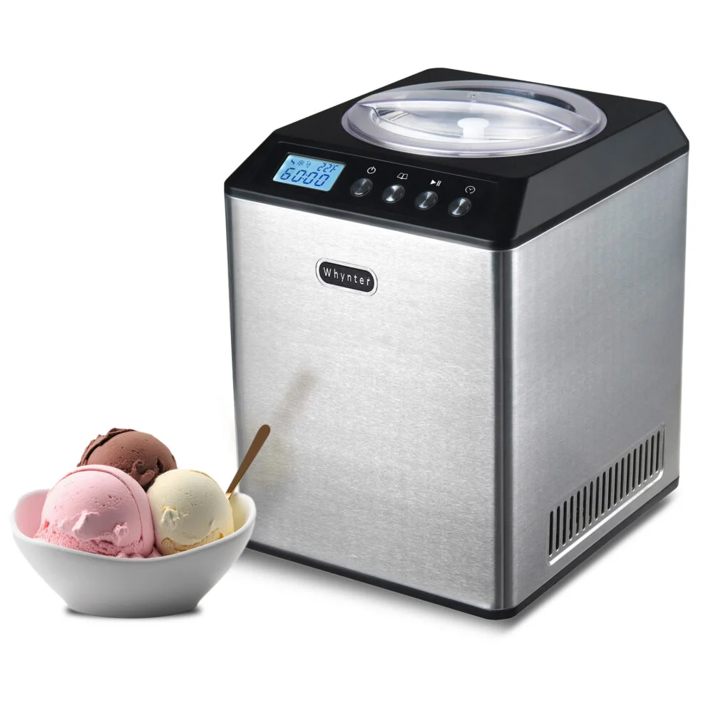 Whynter ICM-201SB with a bowl of fresh chocolate, strawberry, and vanilla ice cream scoops in front of the machine