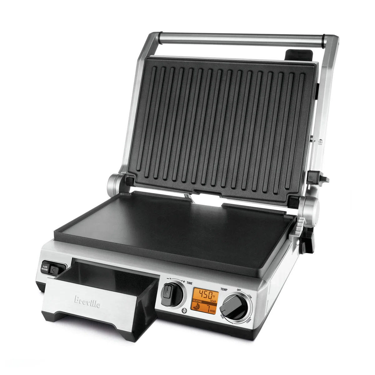 Breville Smart Grill BGR820XL with lid raised, showing the ribbed upper grill plate, flat lower plate and pulled-out drip tray