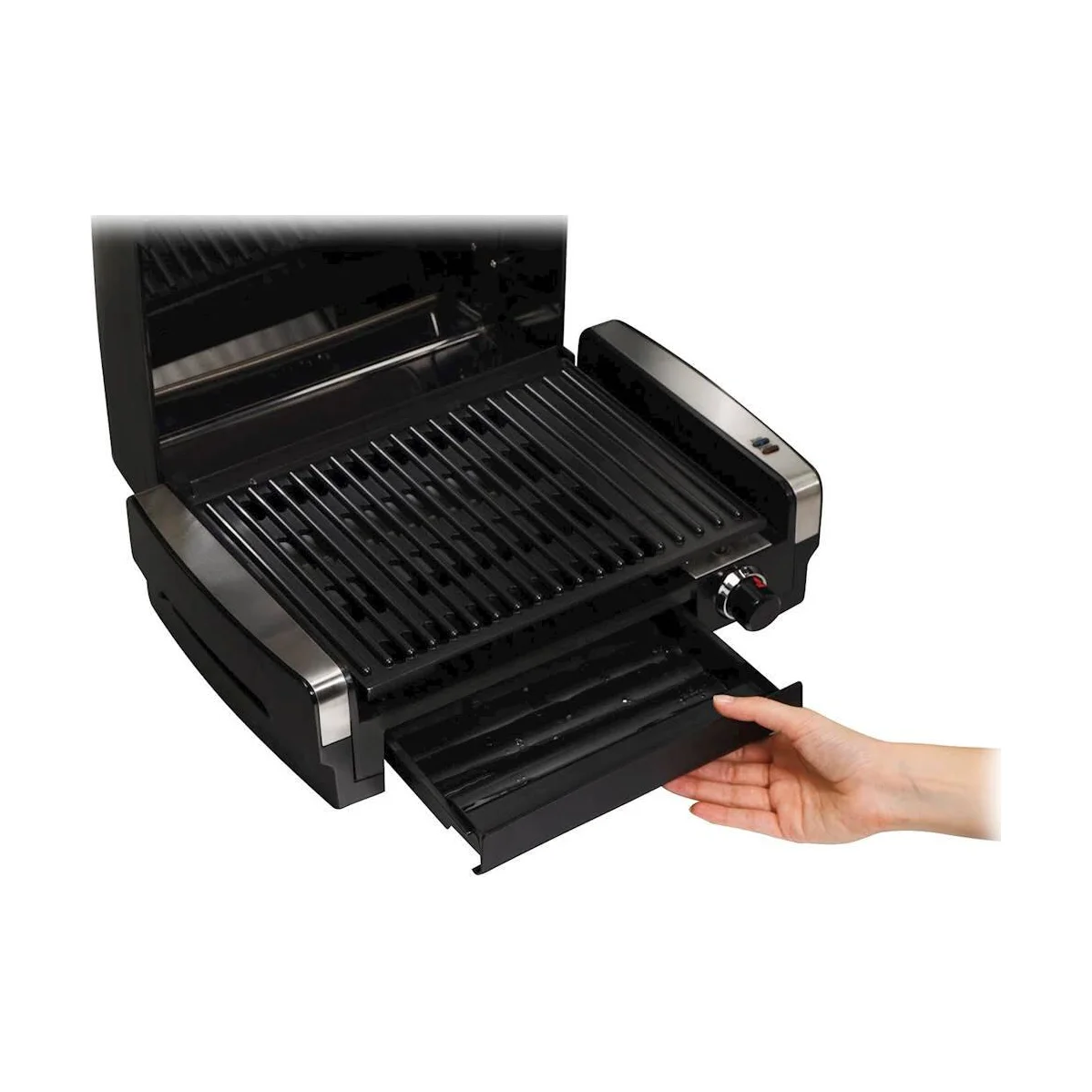 Hamilton Beach 25361 Searing Grill with the extra-large drip tray being pulled out from under the grill plate