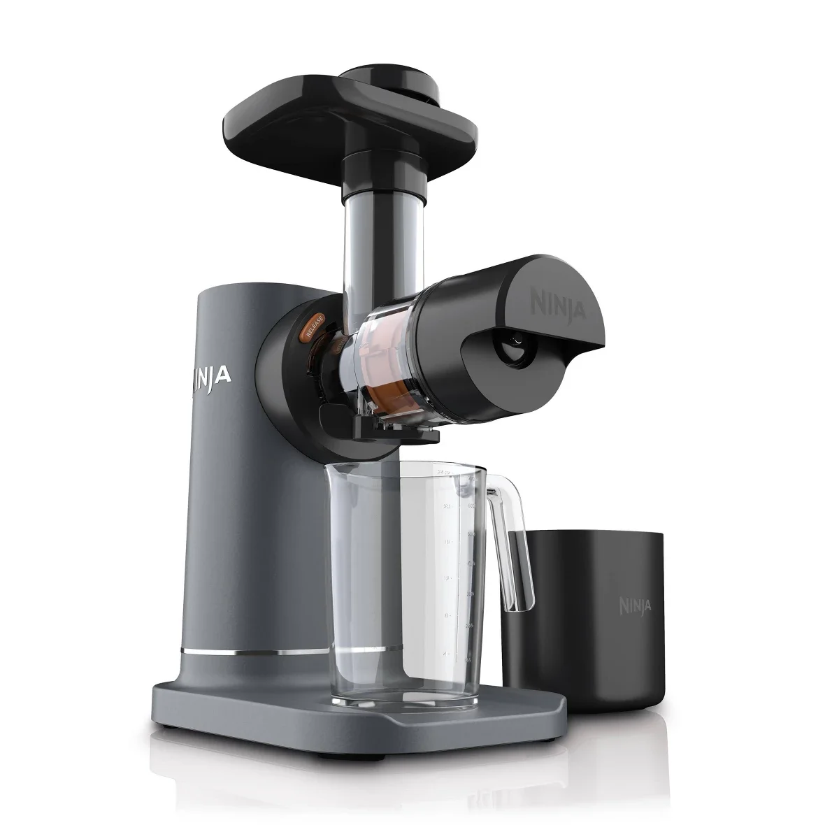 Ninja NeverClog Cold Press Juicer JC151 with clear juice jug and pulp container on white background