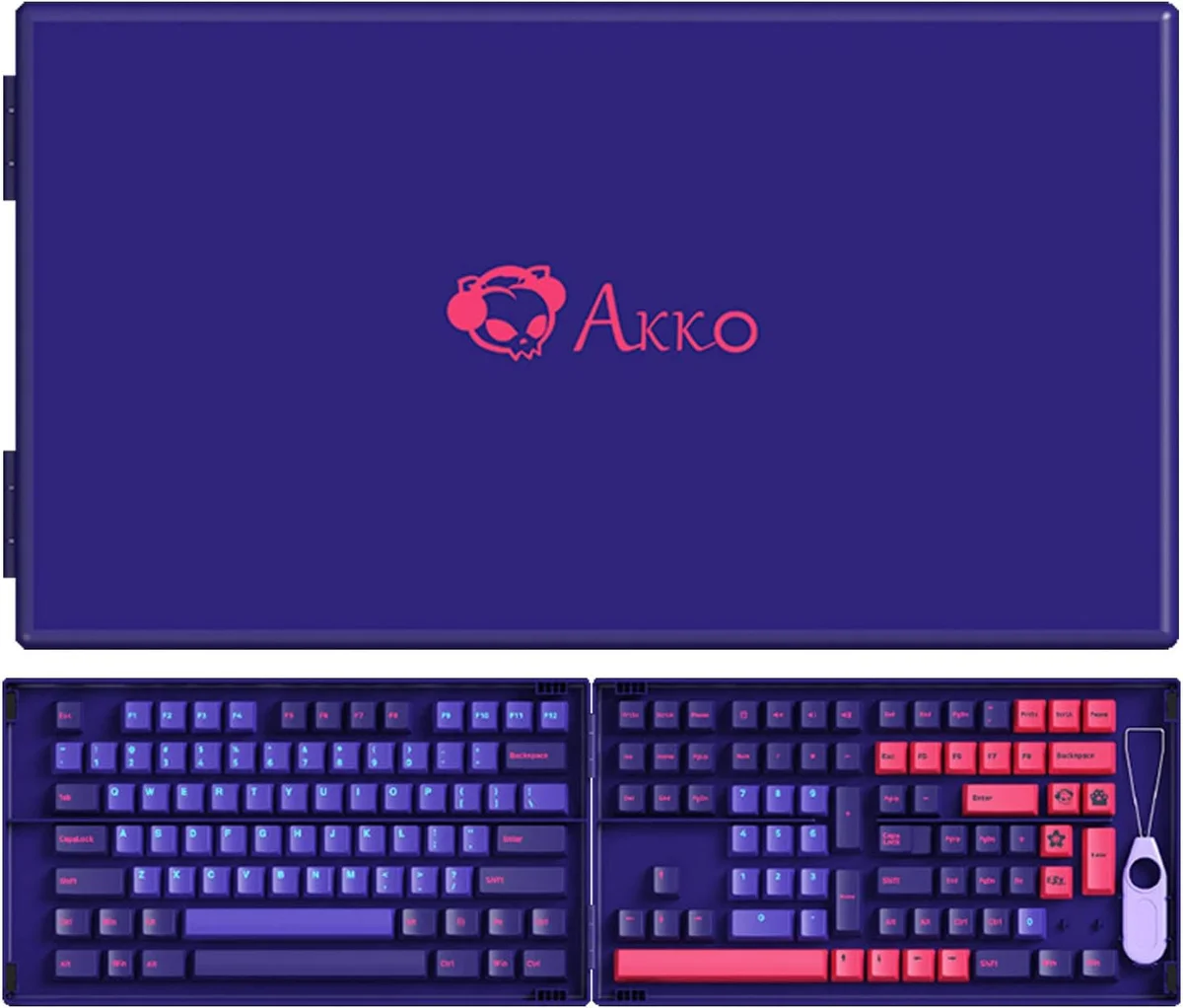 Akko Doubleshot PBT Neon keycap set displayed in open collection box, top-down view showing purple and pink keys