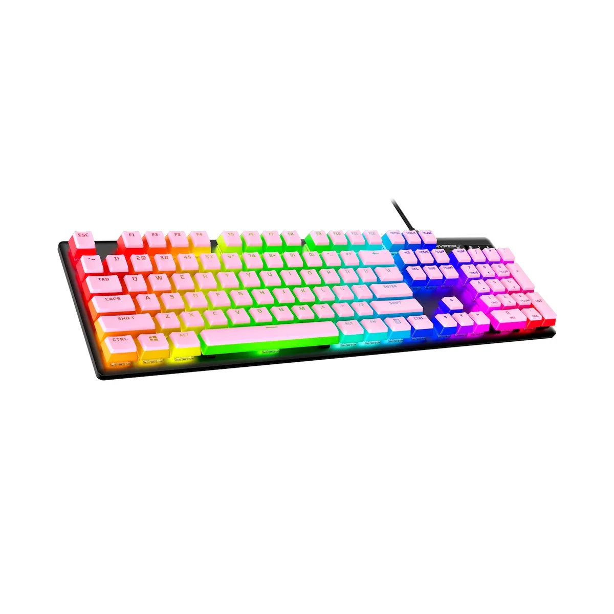HyperX Pudding Double Shot PBT Keycaps pink colorway on keyboard with vibrant RGB backlighting, 3/4 angle view